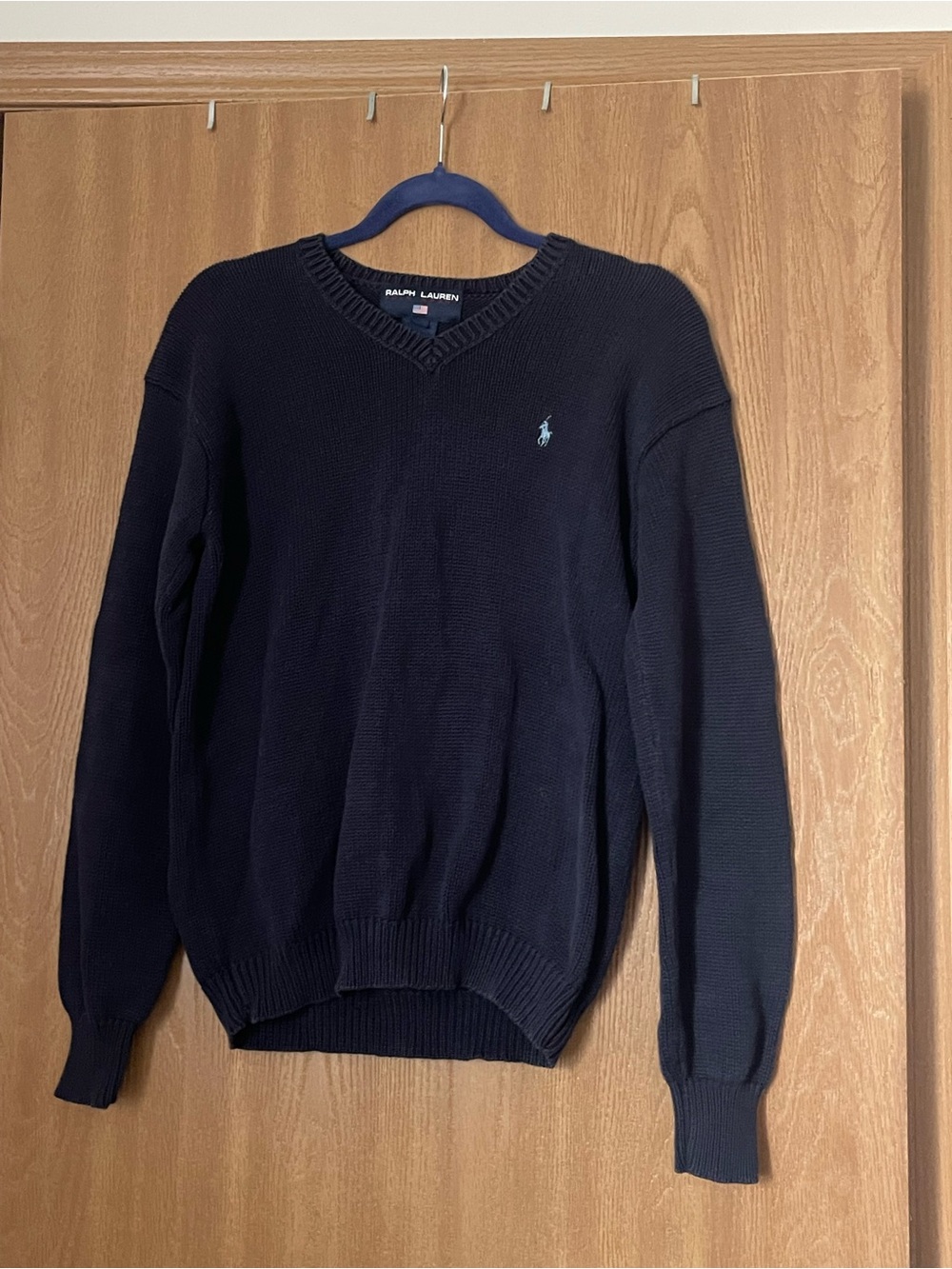 Polo Ralph Lauren Navy Blue V-Neck Knit Sweater Size Medium Vintage Preppy